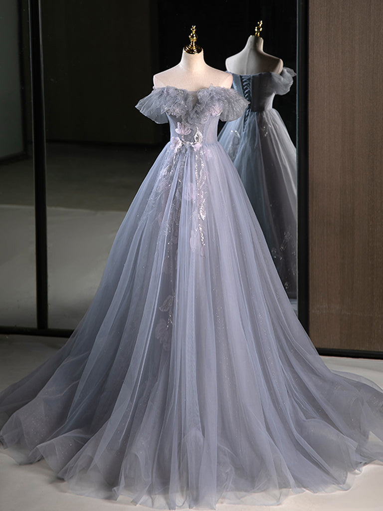 A-Line Off-Shoulder Tulle Lace Gray Blue Long Prom Dress Gray Blue Long Formal Dress