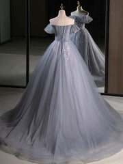 A-Line Off-Shoulder Tulle Lace Gray Blue Long Prom Dress Gray Blue Long Formal Dress