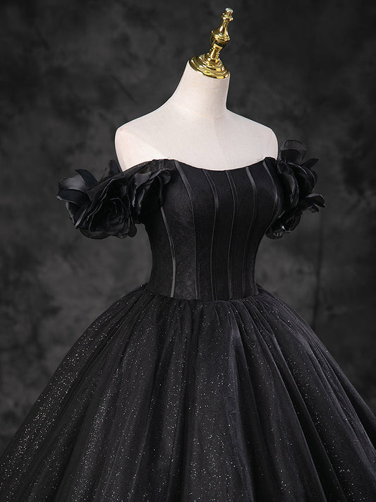 A-Line Off-Shoulder Tulle Black Long Prom Dress Black Long Evening Gown