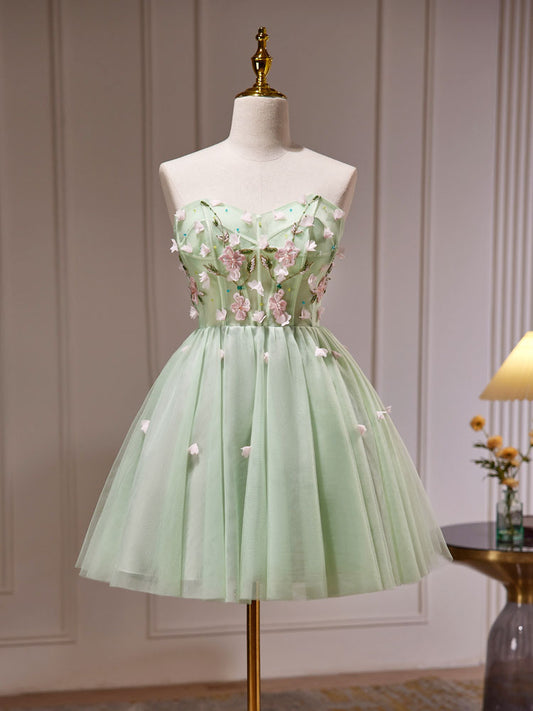 A-Line Sweetheart Neck Tulle Beaded Green Short Prom Dress Cute Homecoming Dress