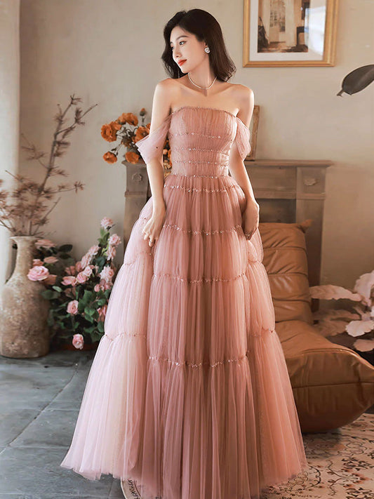 A-Line Pink Off-Shoulder Long Prom Dress Pink Long Formal Dress