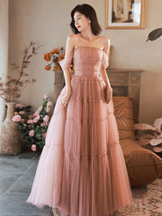 A-Line Pink Off-Shoulder Long Prom Dress Pink Long Formal Dress