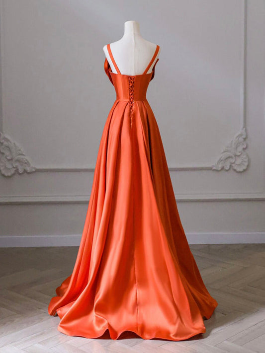 A-Line Orange Satin Long Prom Dress Orange Long Evening Dress