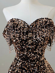 A-Line Off-Shoulder Coffee Gold Sequin Long Prom Dress Coffee Gold Formal Dress