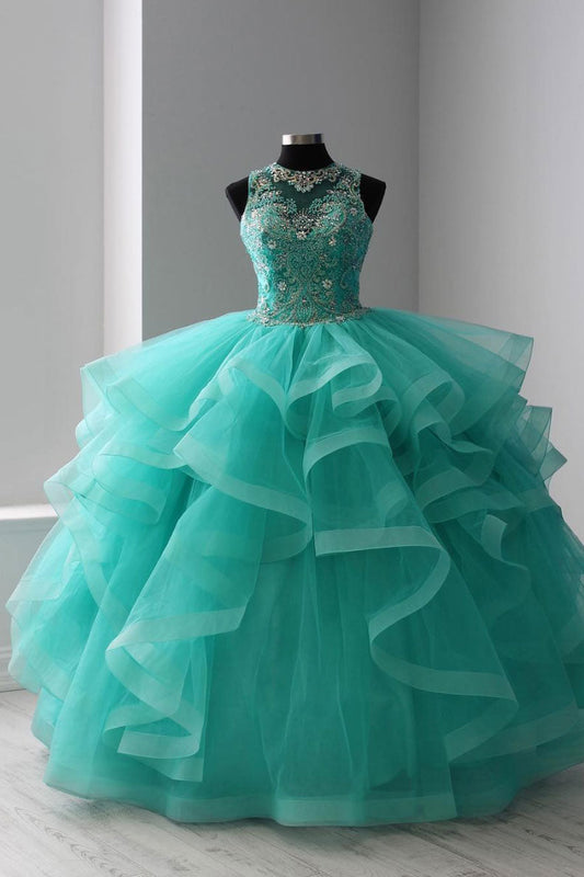 Green Round Neck Tulle Beaded Long Prom Dress Sweet 16 Dress