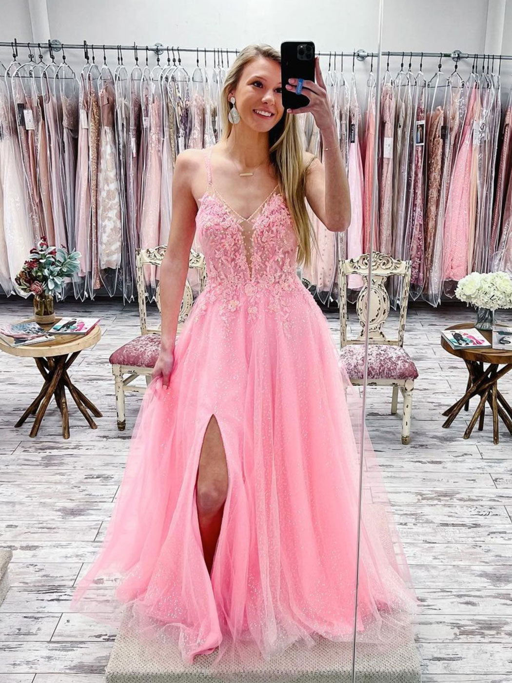 Pink V-Neck Tulle Lace Long Prom Dress Pink Tulle Lace Evening Dress