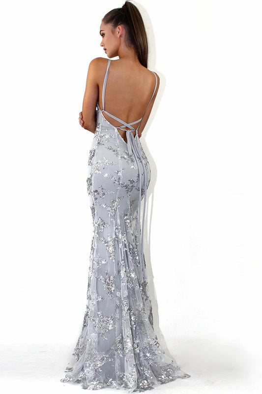 Beaded Backless Spaghetti Straps Prom Dress