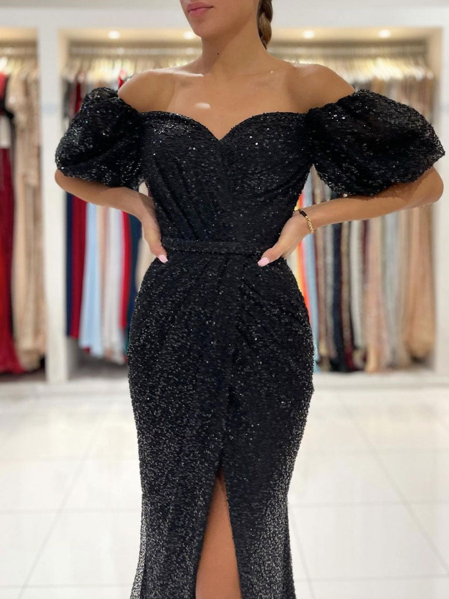 Black Off-Shoulder Sequin Long Prom Dress Black Evening Dress