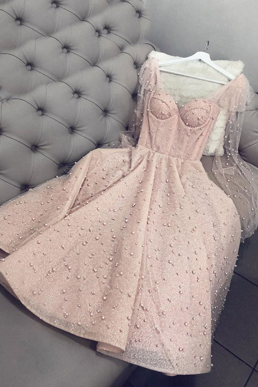 Pink Sweetheart Tulle Beaded Tea Length Prom Dress Pink Formal Dress