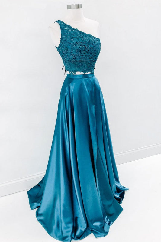 Green Two-Piece Lace Long Prom Dress Green Evening Dress