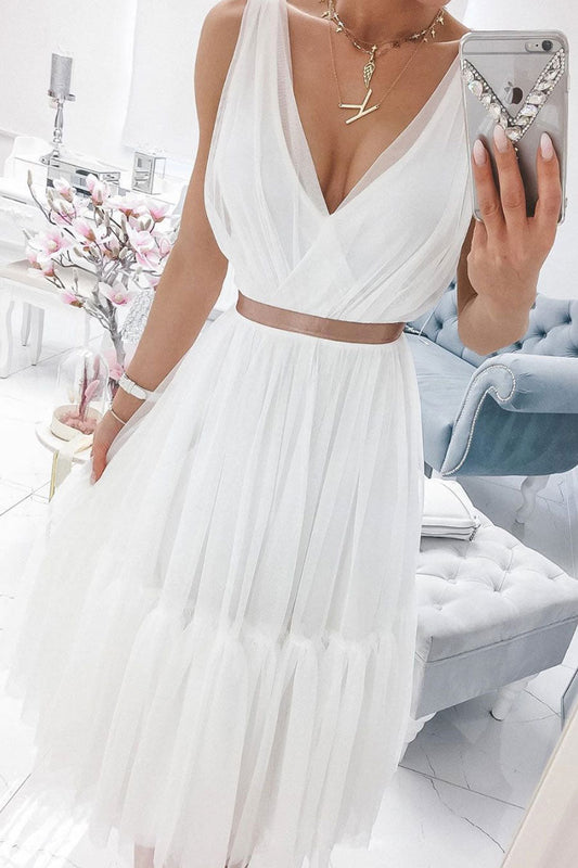 Simple White V-Neck Chiffon Prom Dress White Tulle Formal Dress