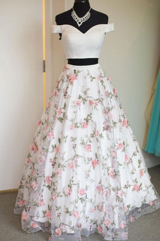 White Two-Piece Tulle Long Prom Dress White Evening Dress