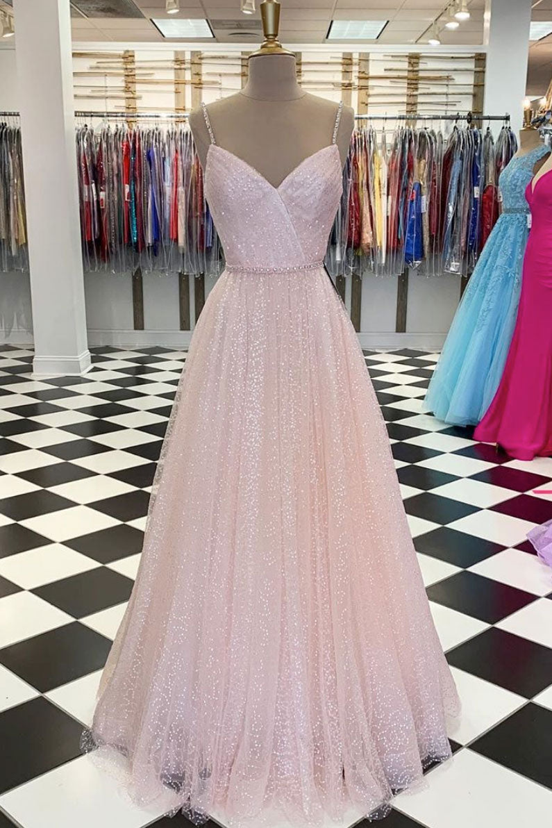 Pink V-Neck Tulle Sequin Long Prom Dress Pink Tulle Formal Gown