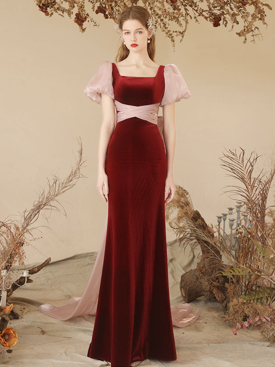 Burgundy Mermaid Velvet Long Prom Dress Burgundy Formal Dress