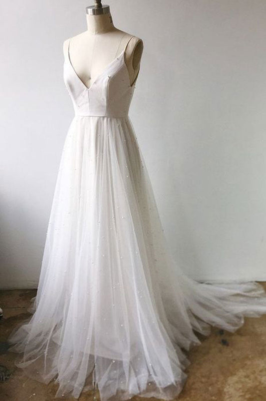 White V-Neck Tulle Long Prom Dress Tulle Formal Dress