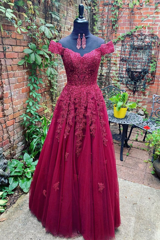 Burgundy Off-Shoulder Lace Tulle Long Prom Dress Burgundy Evening Dress