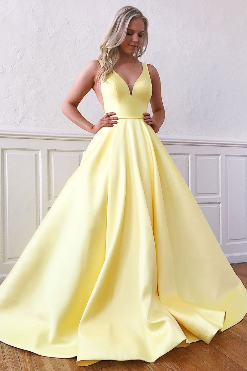 Simple Yellow V-Neck Satin Long Prom Dress Yellow Formal Dress