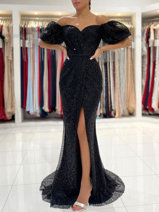 Black Off-Shoulder Sequin Long Prom Dress Black Evening Dress