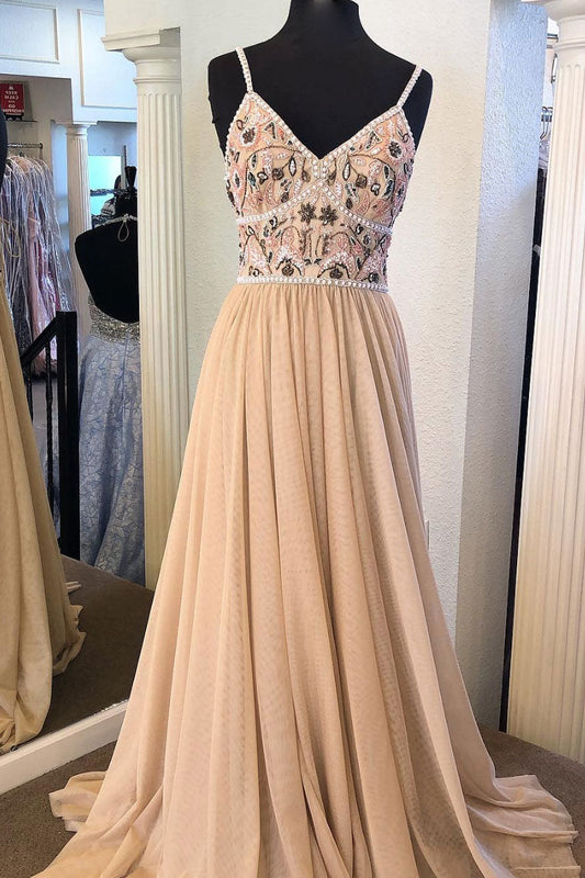 Champagne V-Neck Tulle Beaded Long Prom Dress Evening Dress