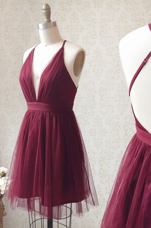 Simple V-Neck Tulle Short Prom Dress Burgundy Homecoming Dress