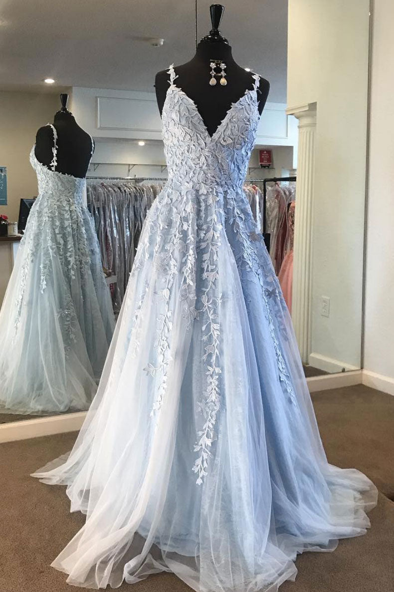 Light Blue Lace Tulle Long Prom Dress Blue Formal Dress