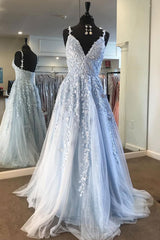 Light Blue Lace Tulle Long Prom Dress Blue Formal Dress