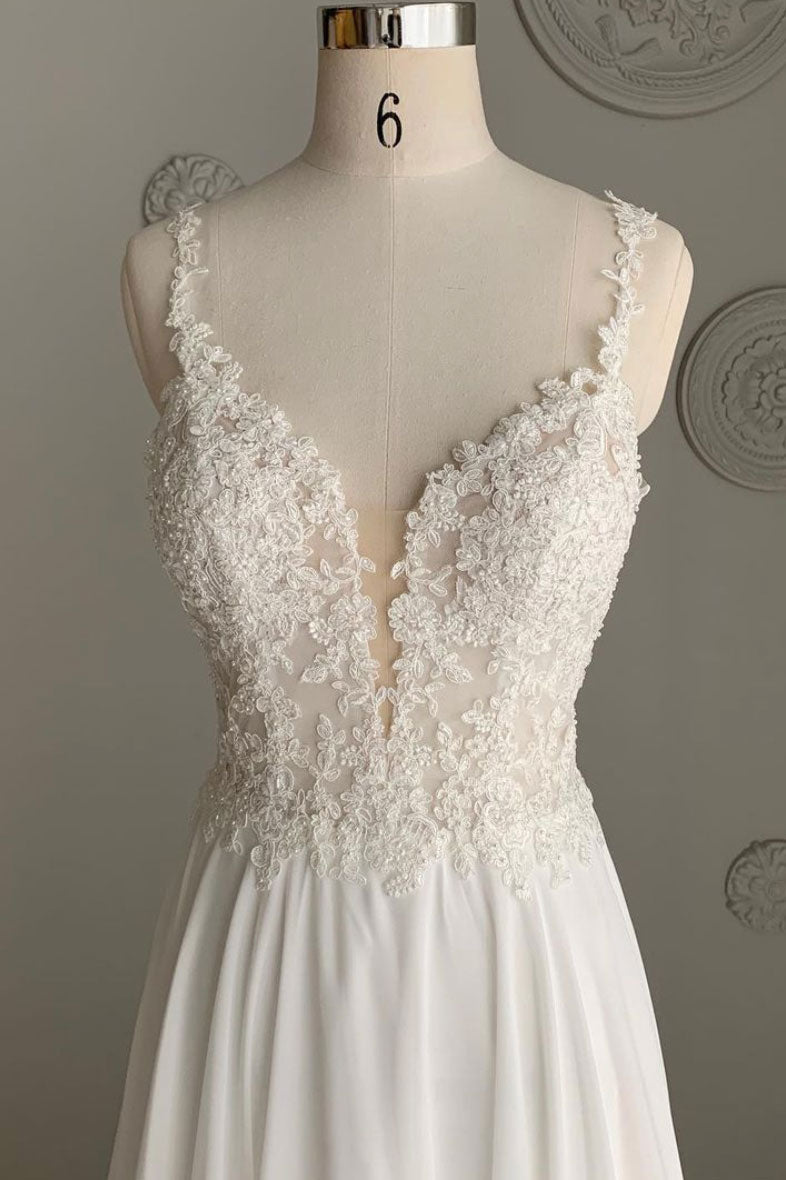 White V-Neck Chiffon Lace Long Prom Dress White Lace Formal Dress