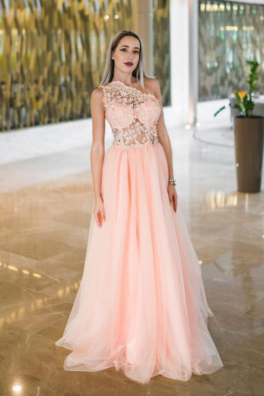 Pink One-Shoulder Lace Tulle Long Prom Dress Pink Evening Dress