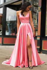 Pink V-Neck Satin Long Prom Dress Pink Evening Dress