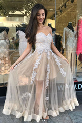 Champagne Sweetheart Tulle Lace Long Prom Dress Lace Formal Dress