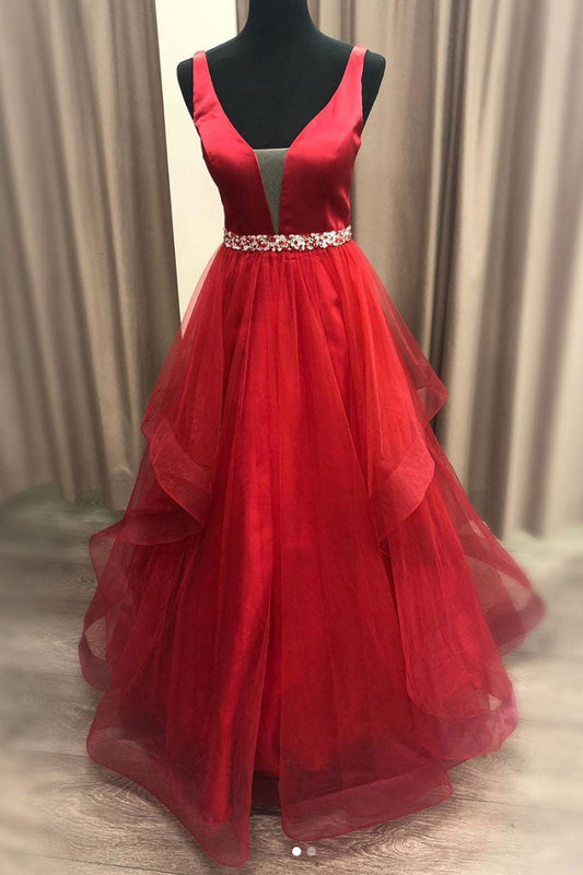 Red V-Neck Tulle Long Prom Dress Red Tulle Formal Dress