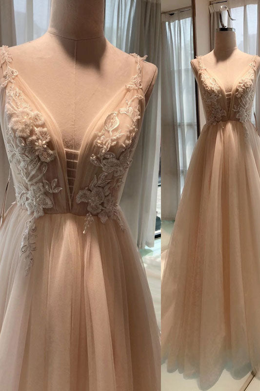 Champagne A-Line V-Neck Tulle Long Prom Dress Tulle Formal Dress