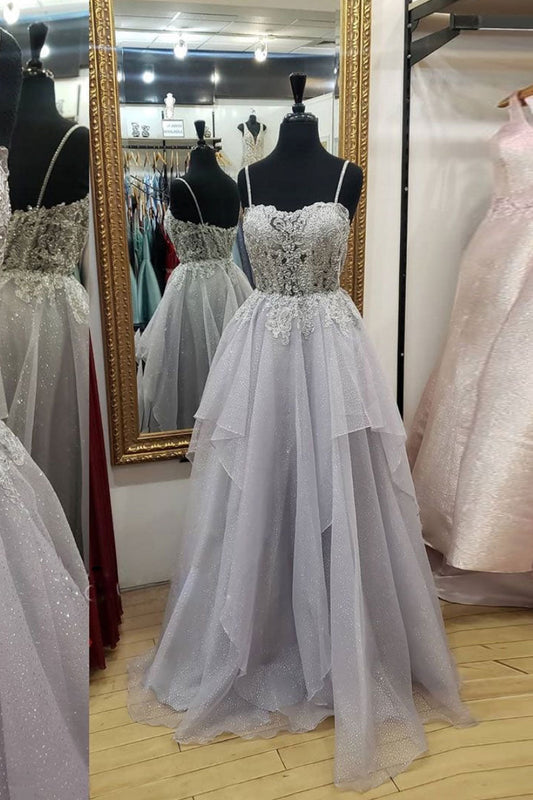 Gray Sweetheart Tulle Lace Long Prom Dress Tulle Formal Dress