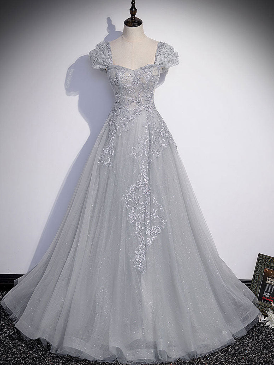 A-Line Gray Tulle Sequin Long Prom Dress Gray Formal Evening Dress