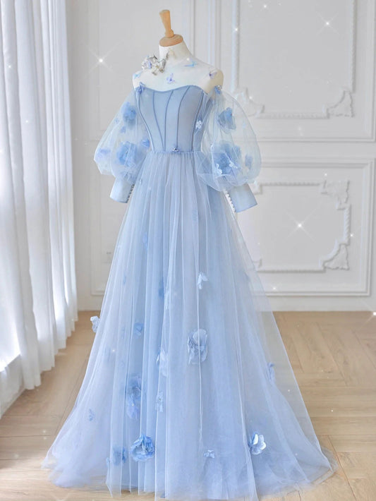 Blue Tulle Lace Long Prom Dress Blue Tulle Lace Evening Gown