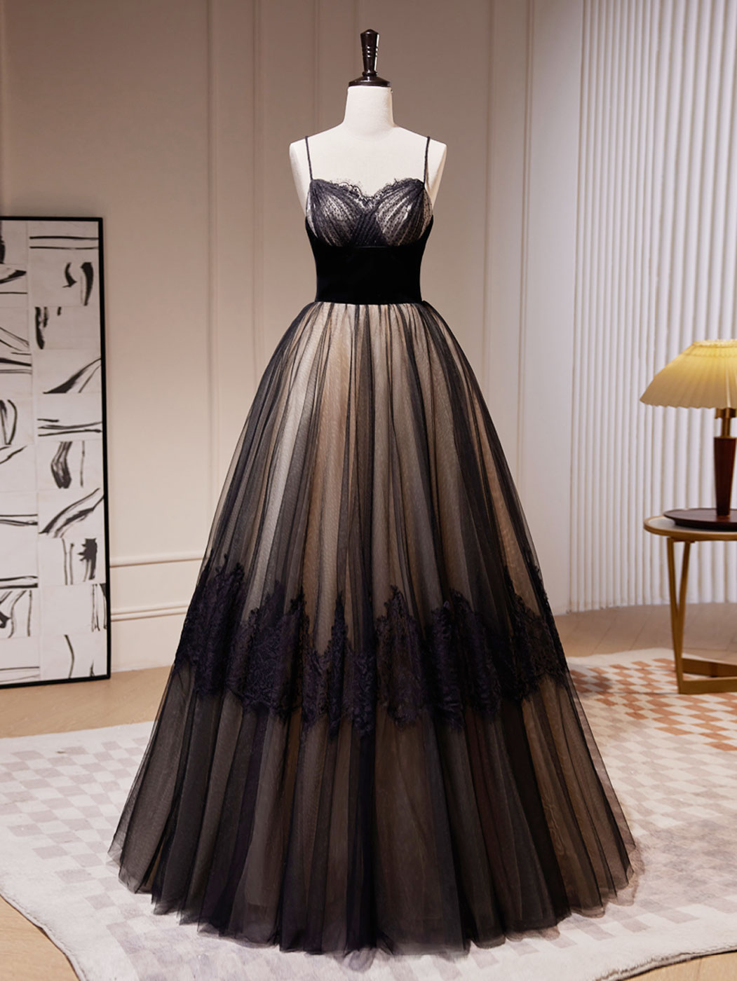 Black A-Line Lace Tulle Long Prom Dress Black Lace Formal Evening Dress