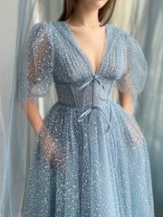 A-Line Tea Length Gray Blue Prom Dress Gray Blue Formal Wedding Party Dress