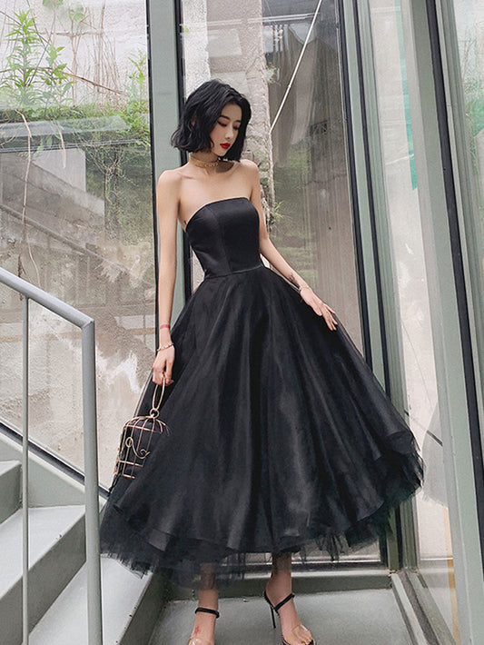 Simple Black Tea-Length Prom Dress Black Tulle Homecoming Dress