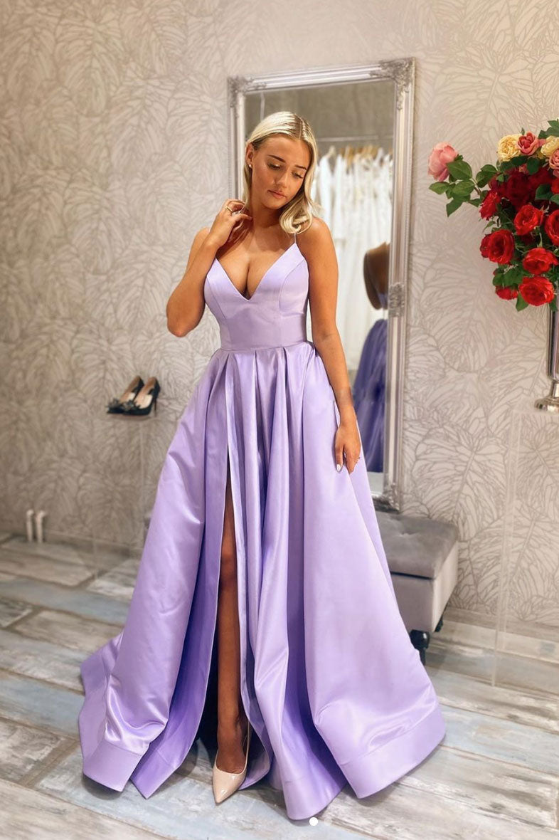 Simple V-Neck Purple Satin Long Prom Dress Purple Evening Dress