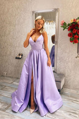 Simple V-Neck Purple Satin Long Prom Dress Purple Evening Dress