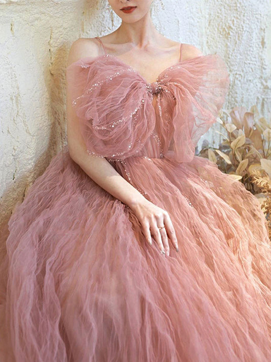 Pink Tulle Sequin Long Prom Dress Pink Tulle Formal Dress