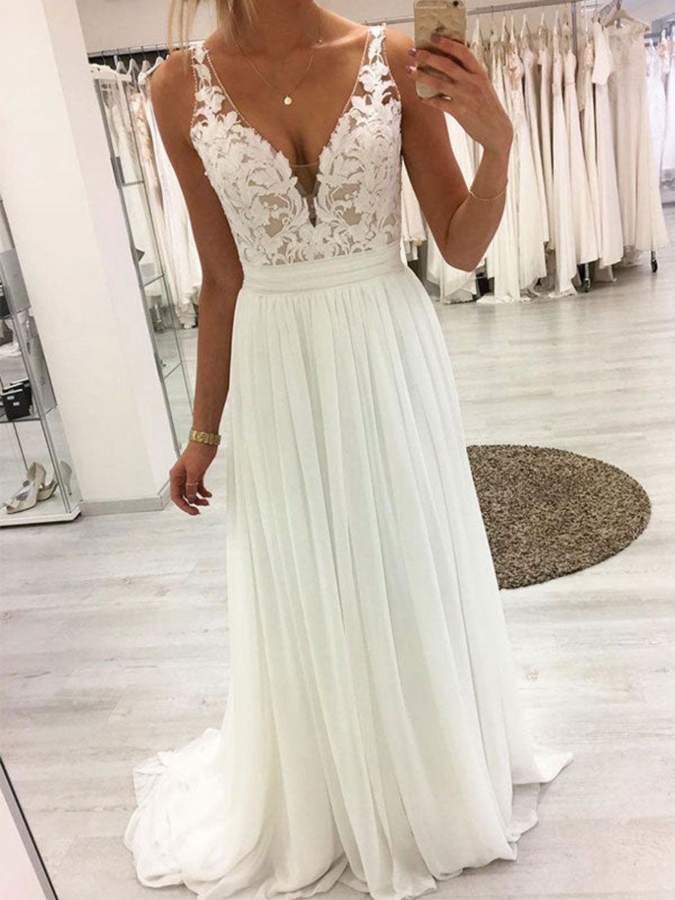 A-Line V-Neck White Long Prom Dress Chiffon White Lace Bridesmaid Dress