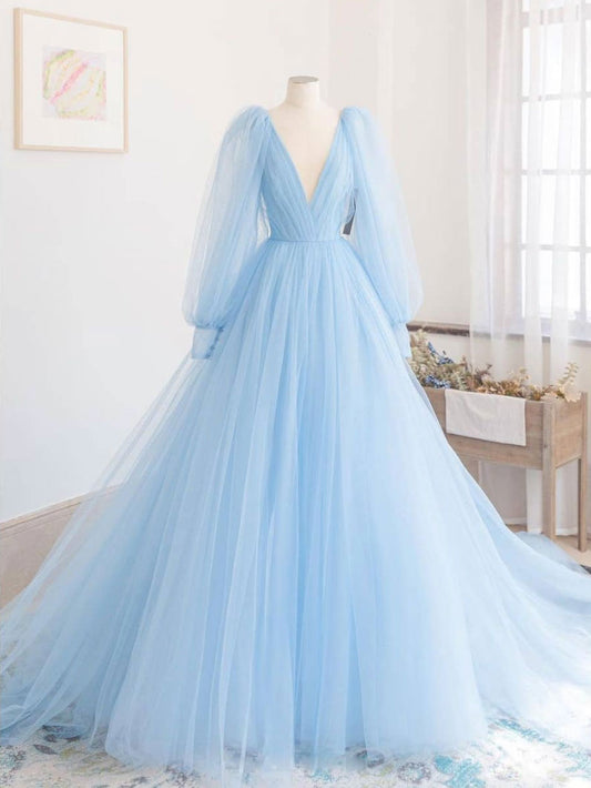 Blue V-Neck Tulle Long Prom Dress Blue Tulle Evening Dress