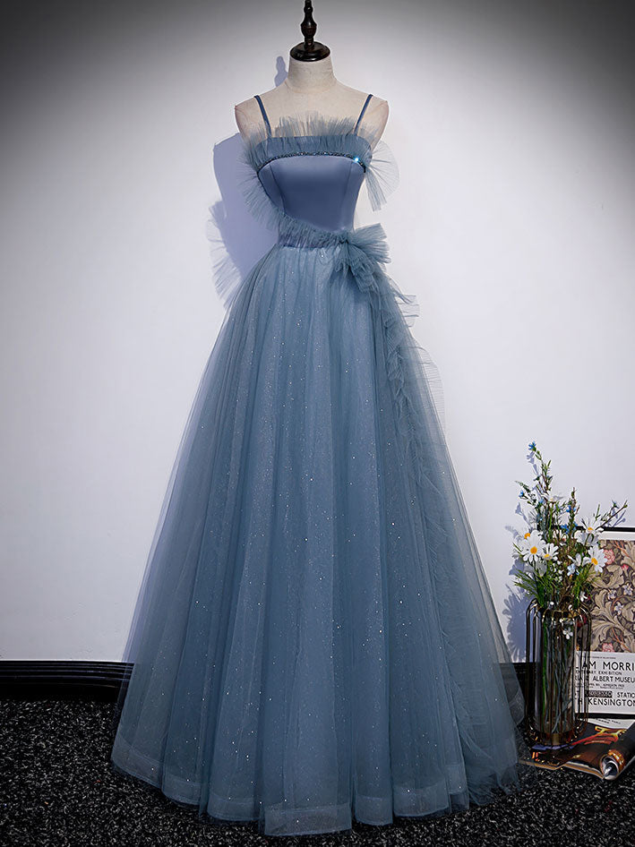 Gray Blue Tulle Long Prom Dress Gray Blue A-Line Evening Dress