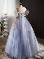 A-Line Off-Shoulder Tulle Flower Blue Long Prom Dress Blue Long Sweet 16 Dress