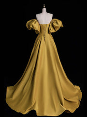 Yellow A-Line Satin Long Prom Dress Yellow Long Evening Dress