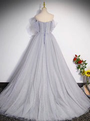 A-Line Off-Shoulder Tulle Long Gray Prom Dress Gray Formal Dress