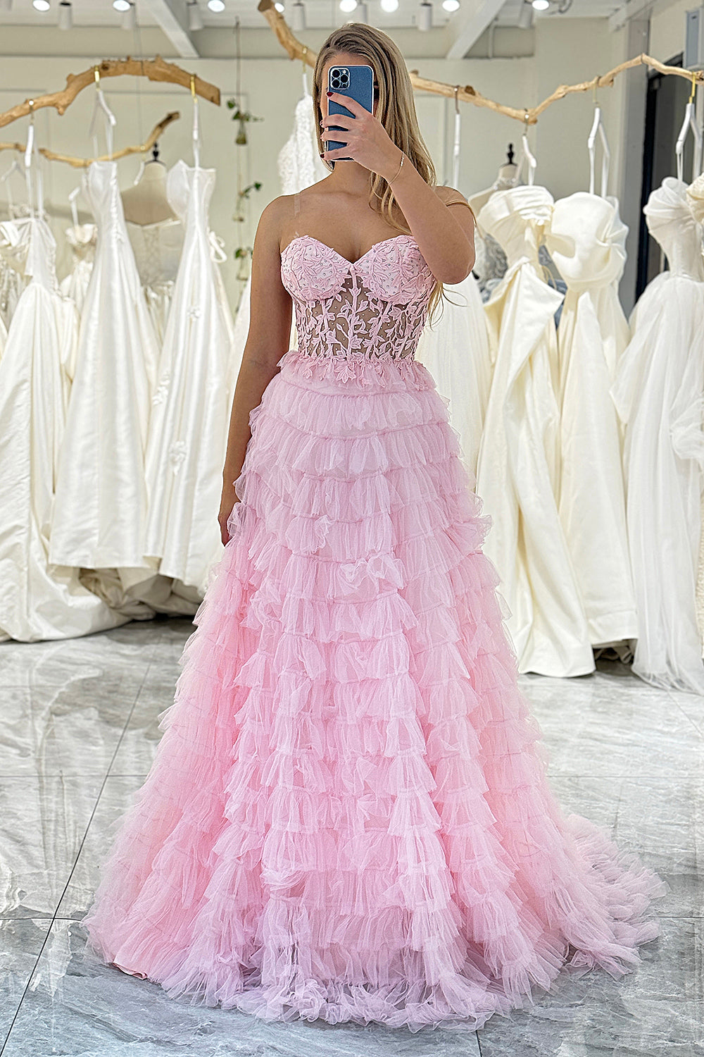 Coral A Line Tiered Sweetheart Long Corset Prom Dress