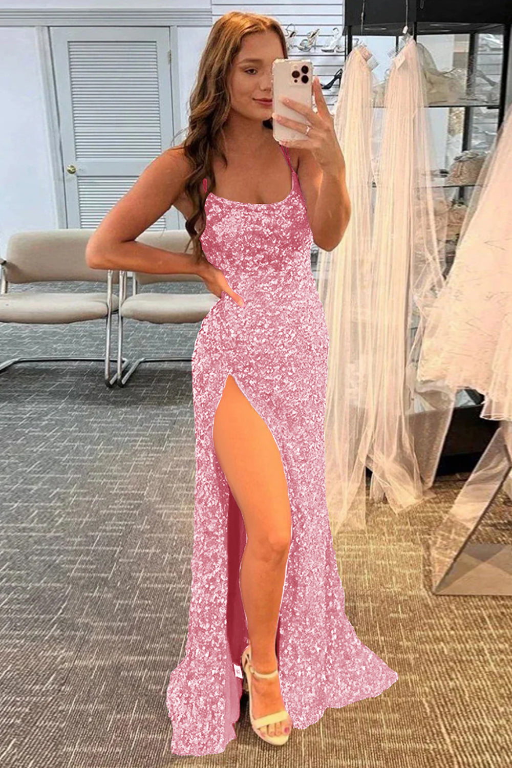 Mermaid Red Sequins Long Prom Dress with Slit