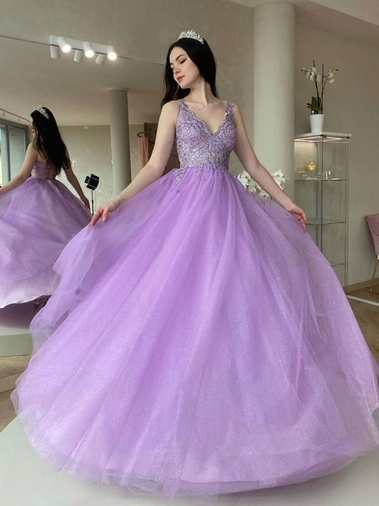 Purple V-Neck Tulle Lace Long Prom Dress Purple Tulle Formal Dress